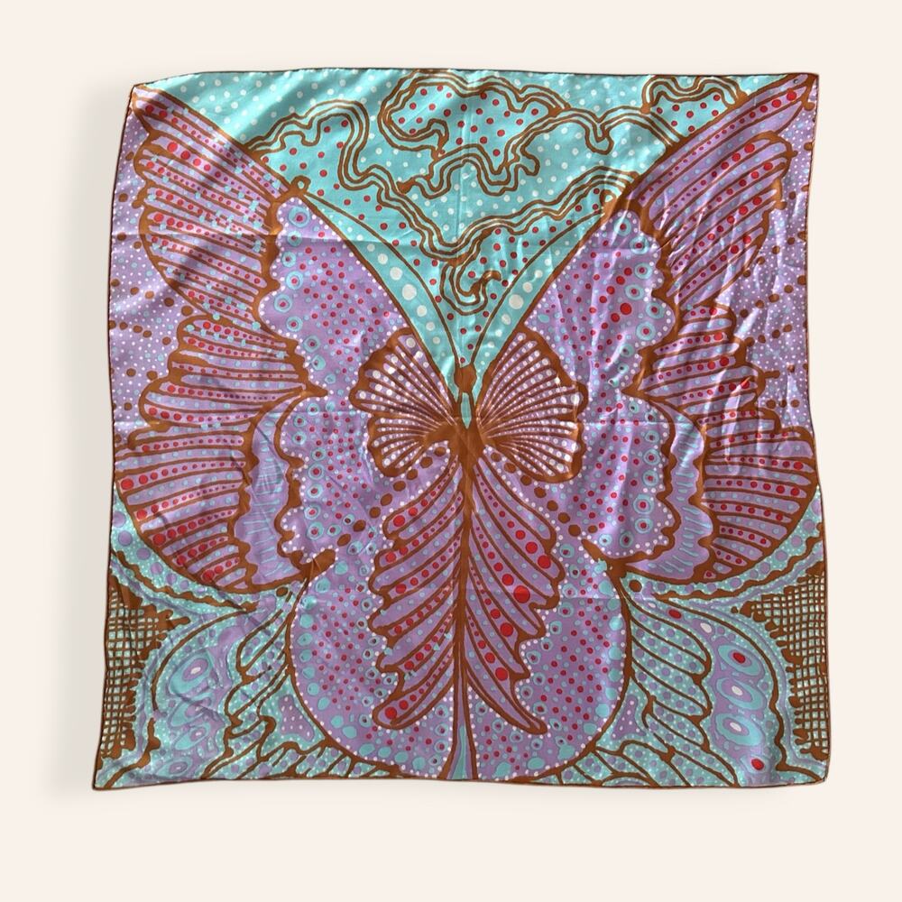 Light blue, purple and brown silk butterfly scarf with rolled him